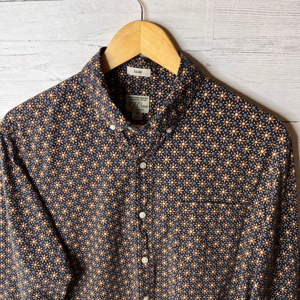 J Crew Shirt Mens SZ Medium Blue & Gold Geometric Floral Organic Cotton Stretch - Picture 7 of 16
